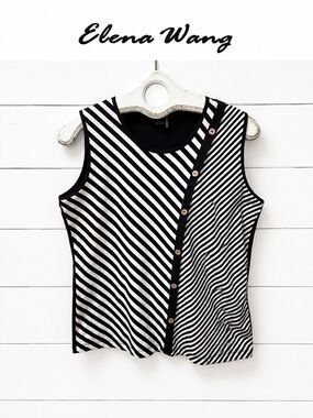ELENA WANG Black & White Striped Sleeveless Top Size L
